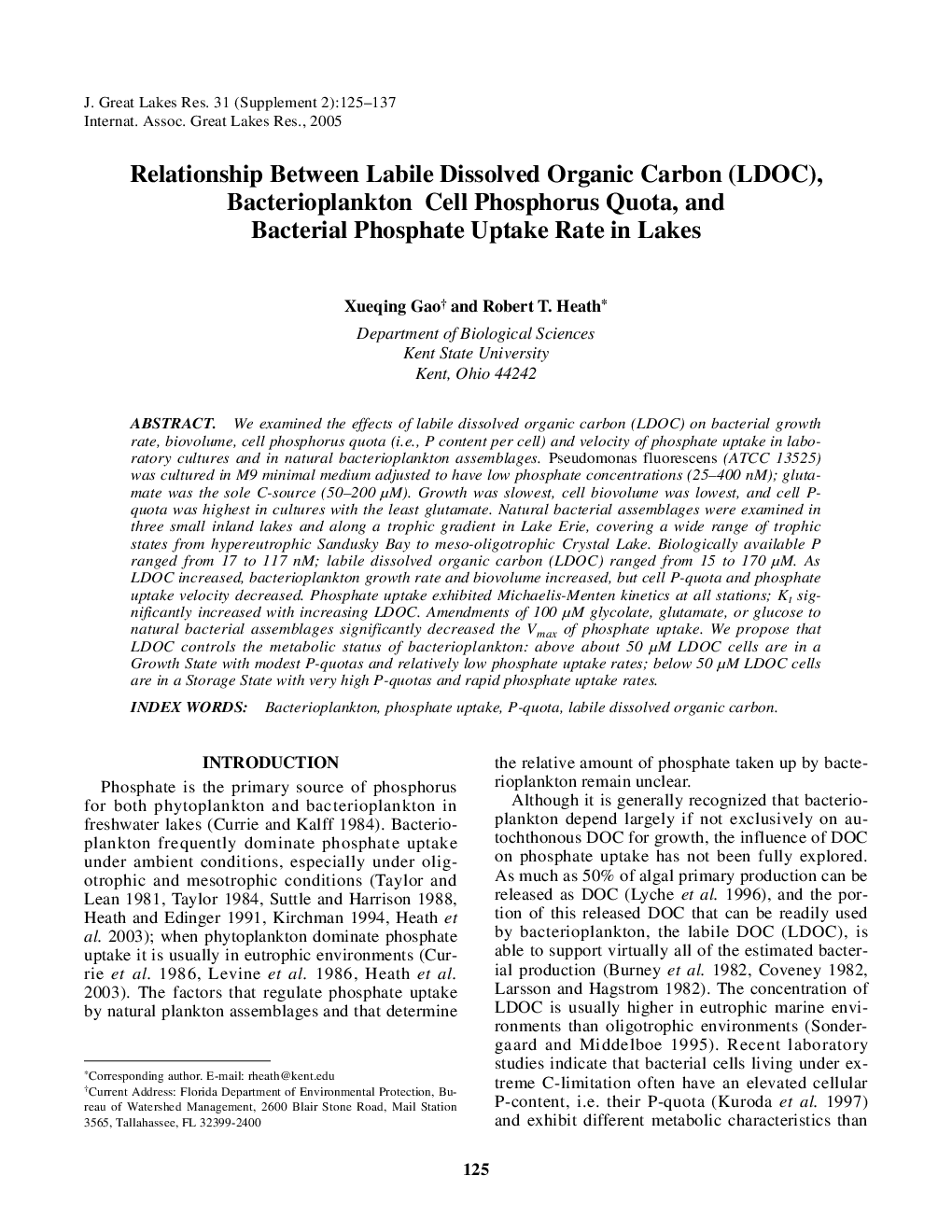 Relationship Between Labile Dissolved Organic Carbon (LDOC), Bacterioplankton Cell Phosphorus Quota, and Bacterial Phosphate Uptake Rate in Lakes