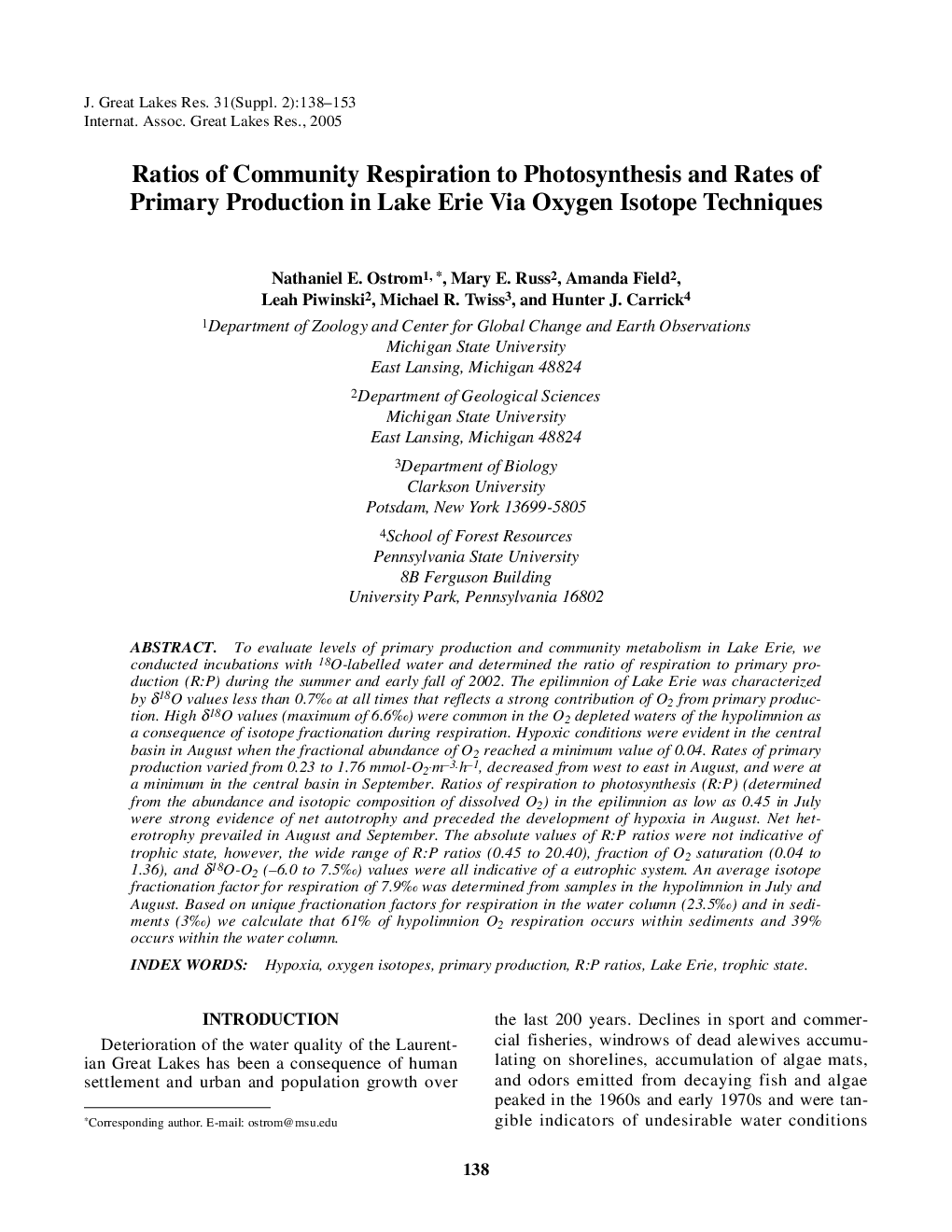 Ratios of Community Respiration to Photosynthesis and Rates of Primary Production in Lake Erie Via Oxygen Isotope Techniques