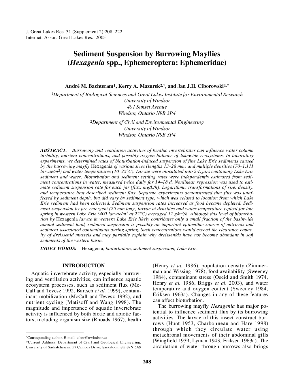 Sediment Suspension by Burrowing Mayflies (Hexagenia spp., Ephemeroptera: Ephemeridae)