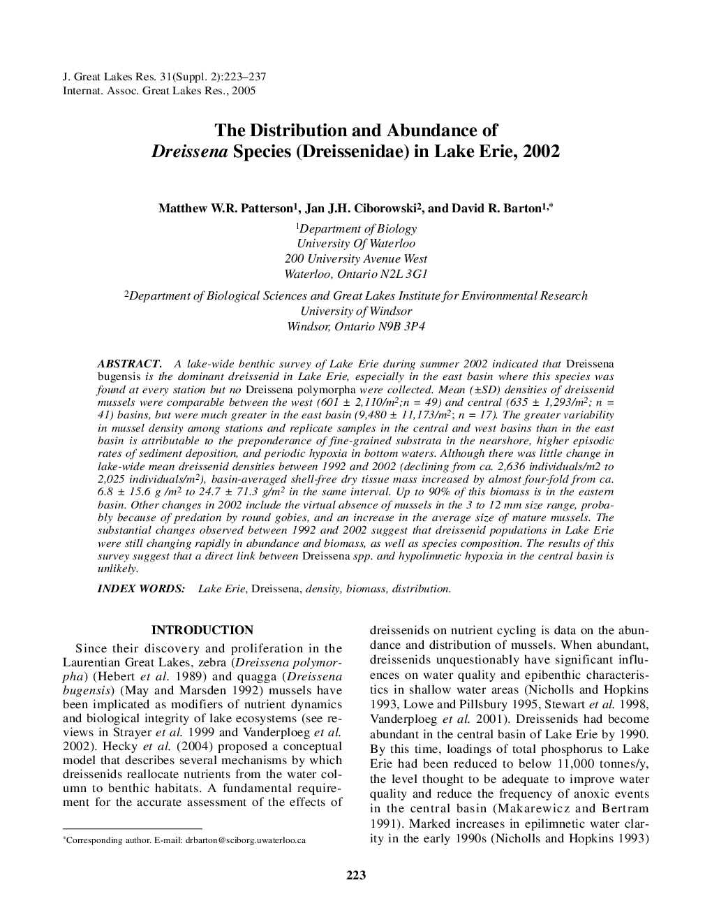 The Distribution and Abundance of Dreissena Species (Dreissenidae) in Lake Erie, 2002