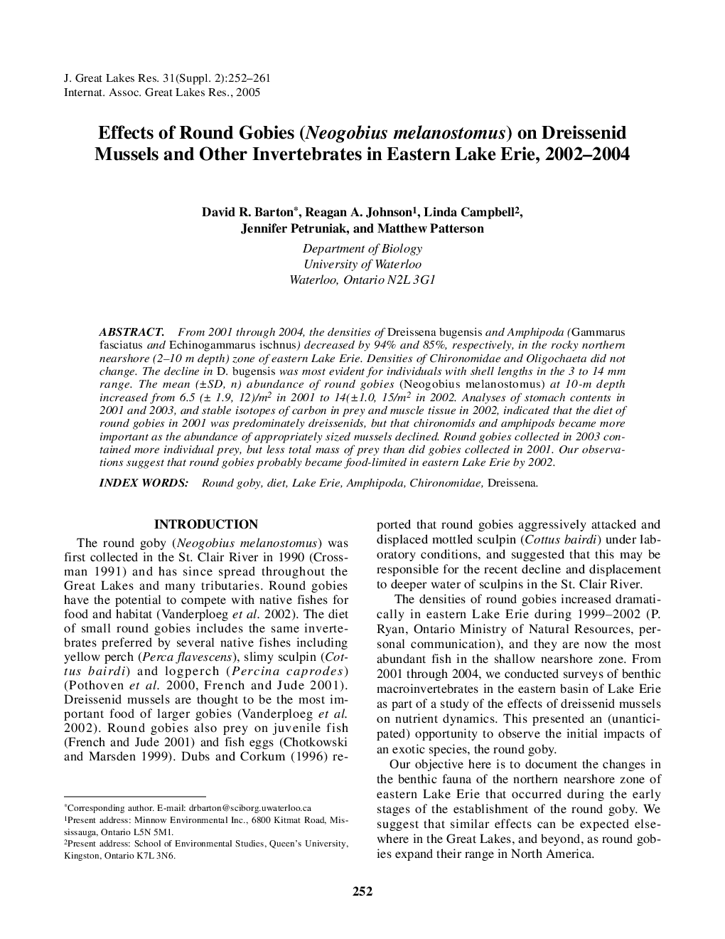 Effects of Round Gobies (Neogobius melanostomus) on Dreissenid Mussels and Other Invertebrates in Eastern Lake Erie, 2002-2004