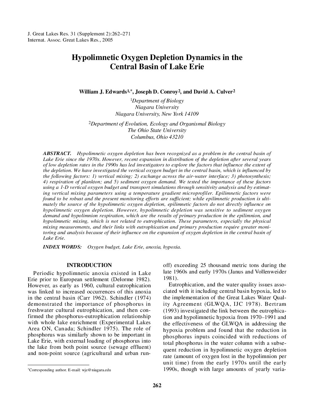 Hypolimnetic Oxygen Depletion Dynamics in the Central Basin of Lake Erie