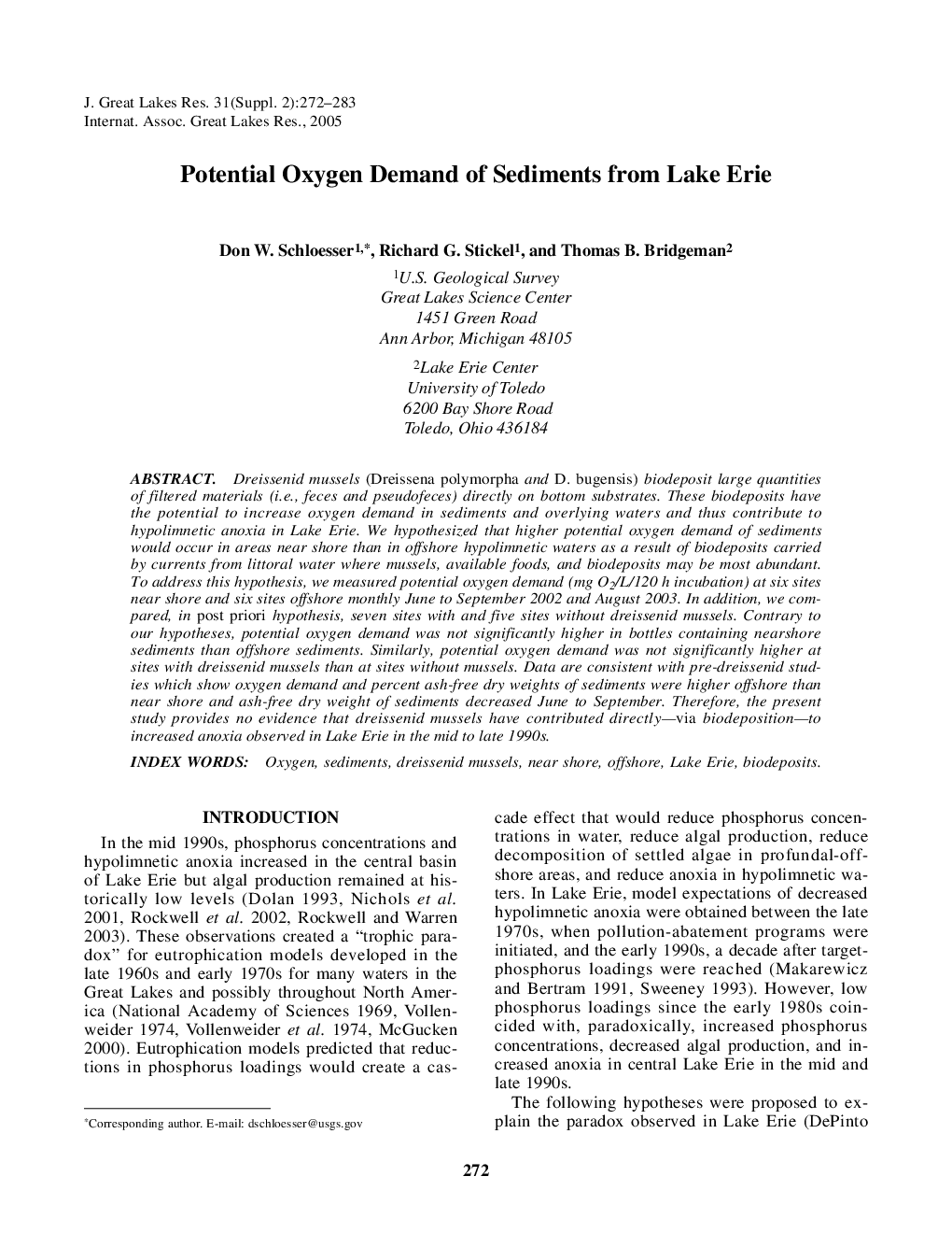 Potential Oxygen Demand of Sediments from Lake Erie