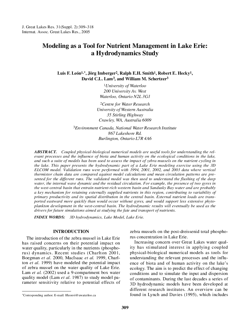 Modeling as a Tool for Nutrient Management in Lake Erie: a Hydrodynamics Study