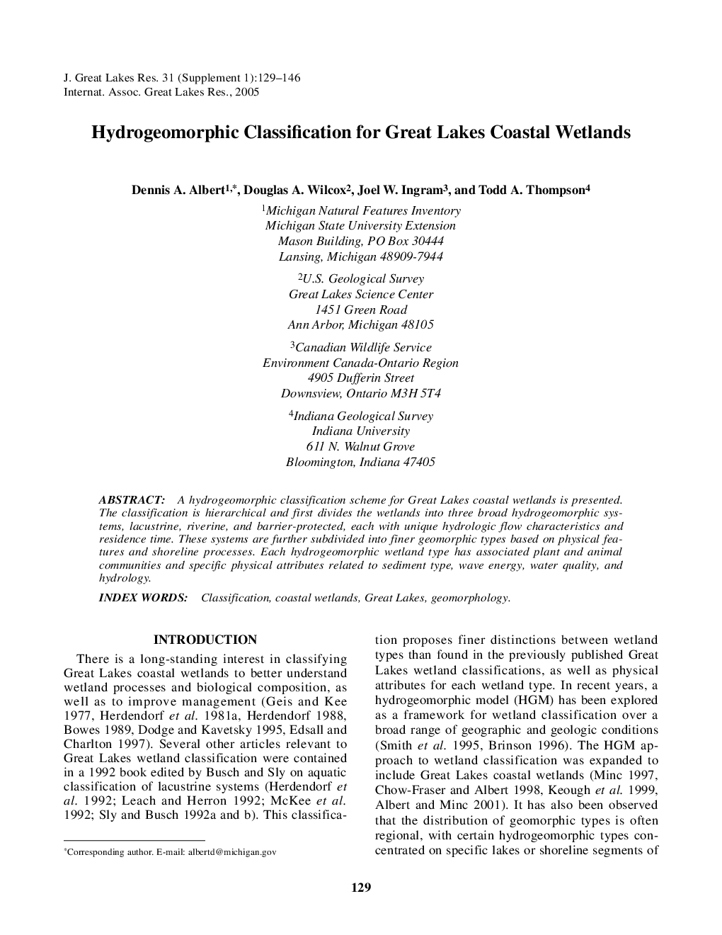 Hydrogeomorphic Classification for Great Lakes Coastal Wetlands