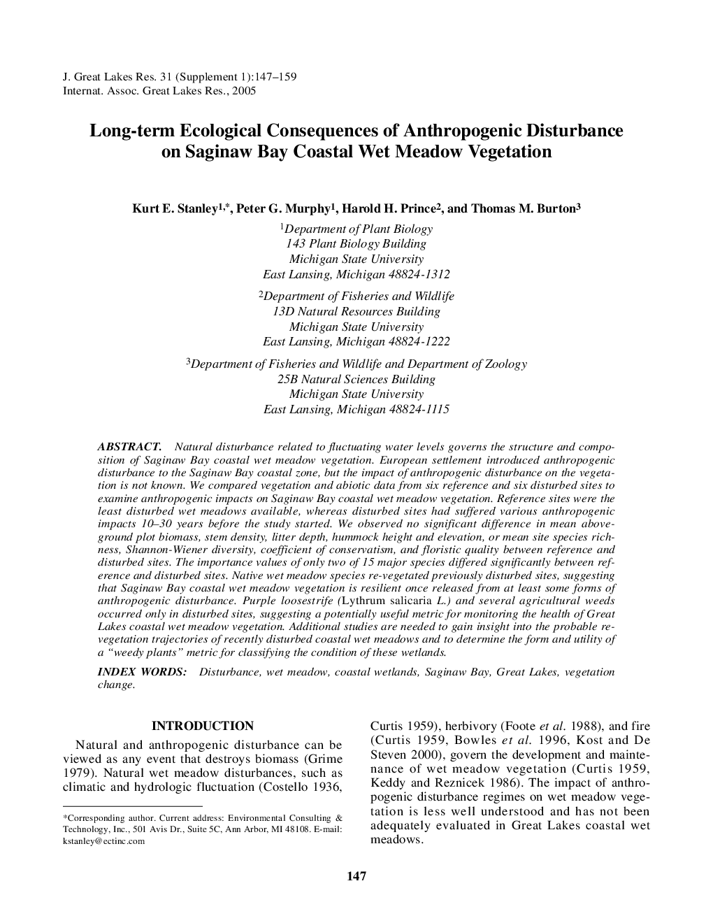 Long-term Ecological Consequences of Anthropogenic Disturbance on Saginaw Bay Coastal Wet Meadow Vegetation