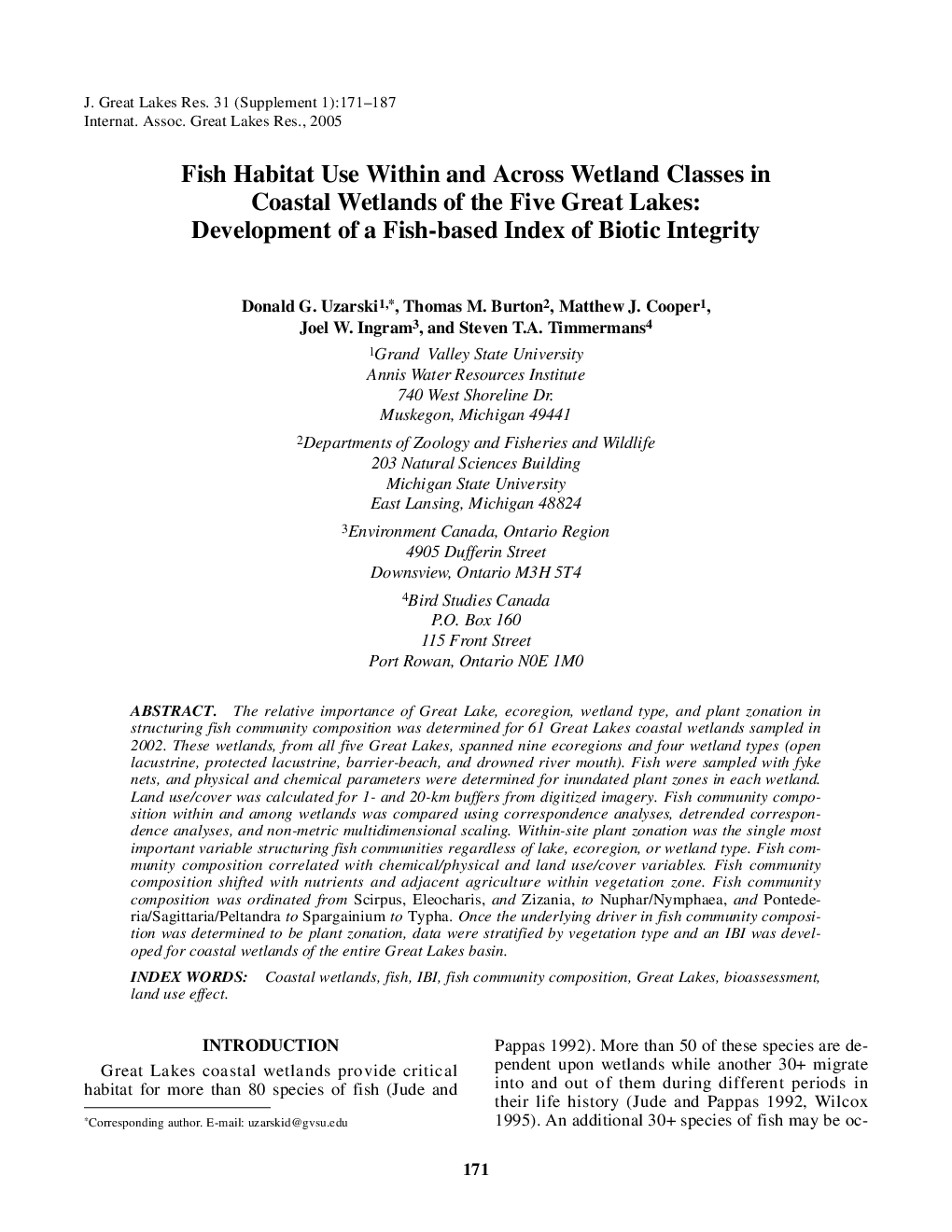 Fish Habitat Use Within and Across Wetland Classes in Coastal Wetlands of the Five Great Lakes: Development of a Fish-based Index of Biotic Integrity