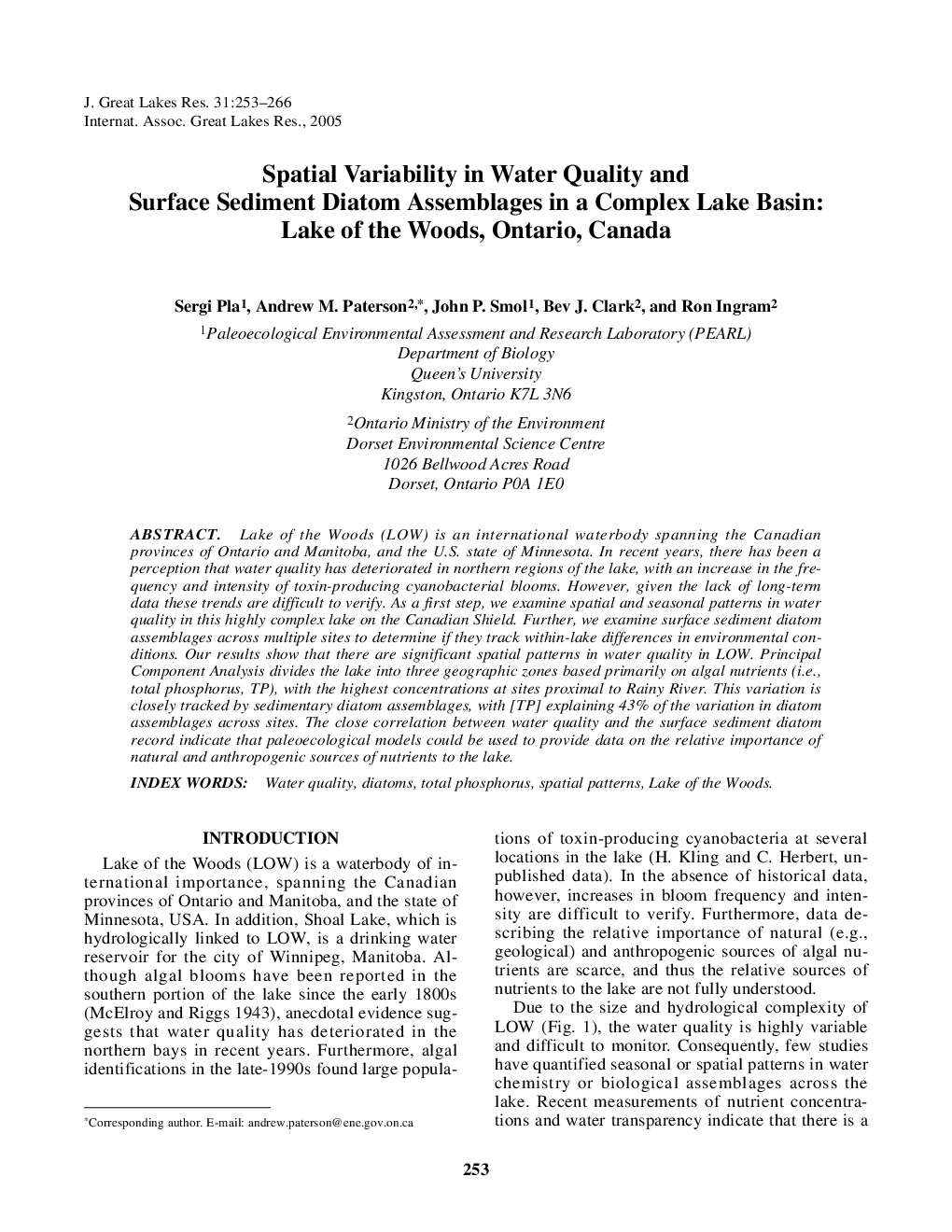 Spatial Variability in Water Quality and Surface Sediment Diatom Assemblages in a Complex Lake Basin: Lake of the Woods, Ontario, Canada