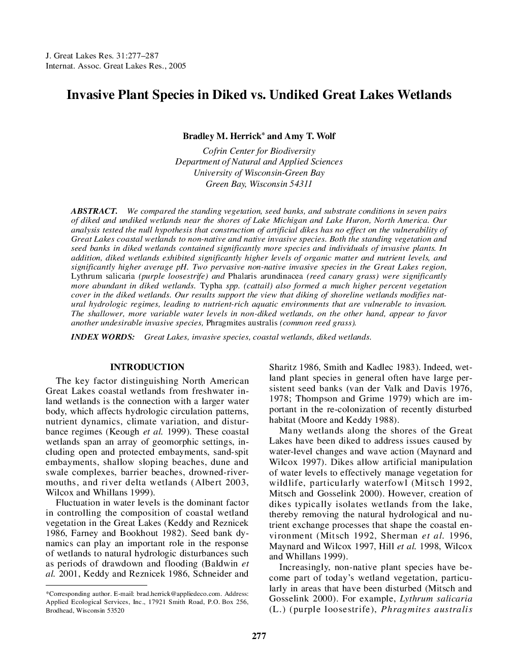 Invasive Plant Species in Diked vs. Undiked Great Lakes Wetlands