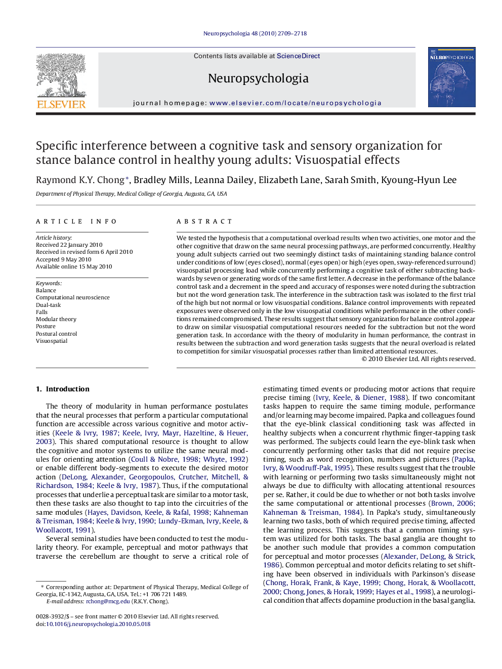 Specific interference between a cognitive task and sensory organization for stance balance control in healthy young adults: Visuospatial effects