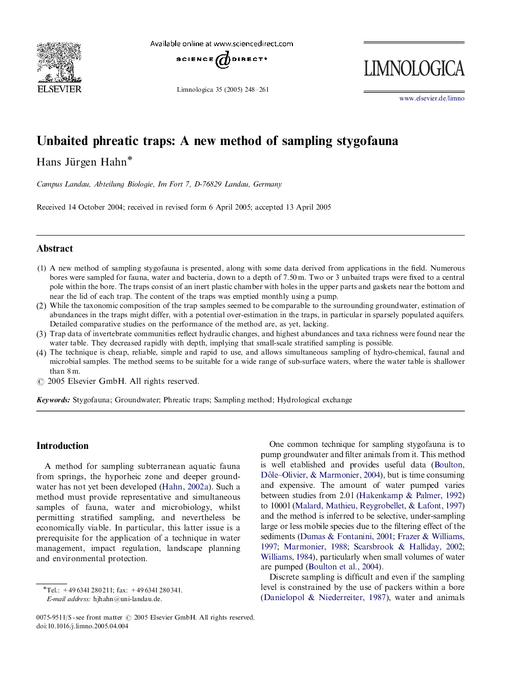 Unbaited phreatic traps: A new method of sampling stygofauna