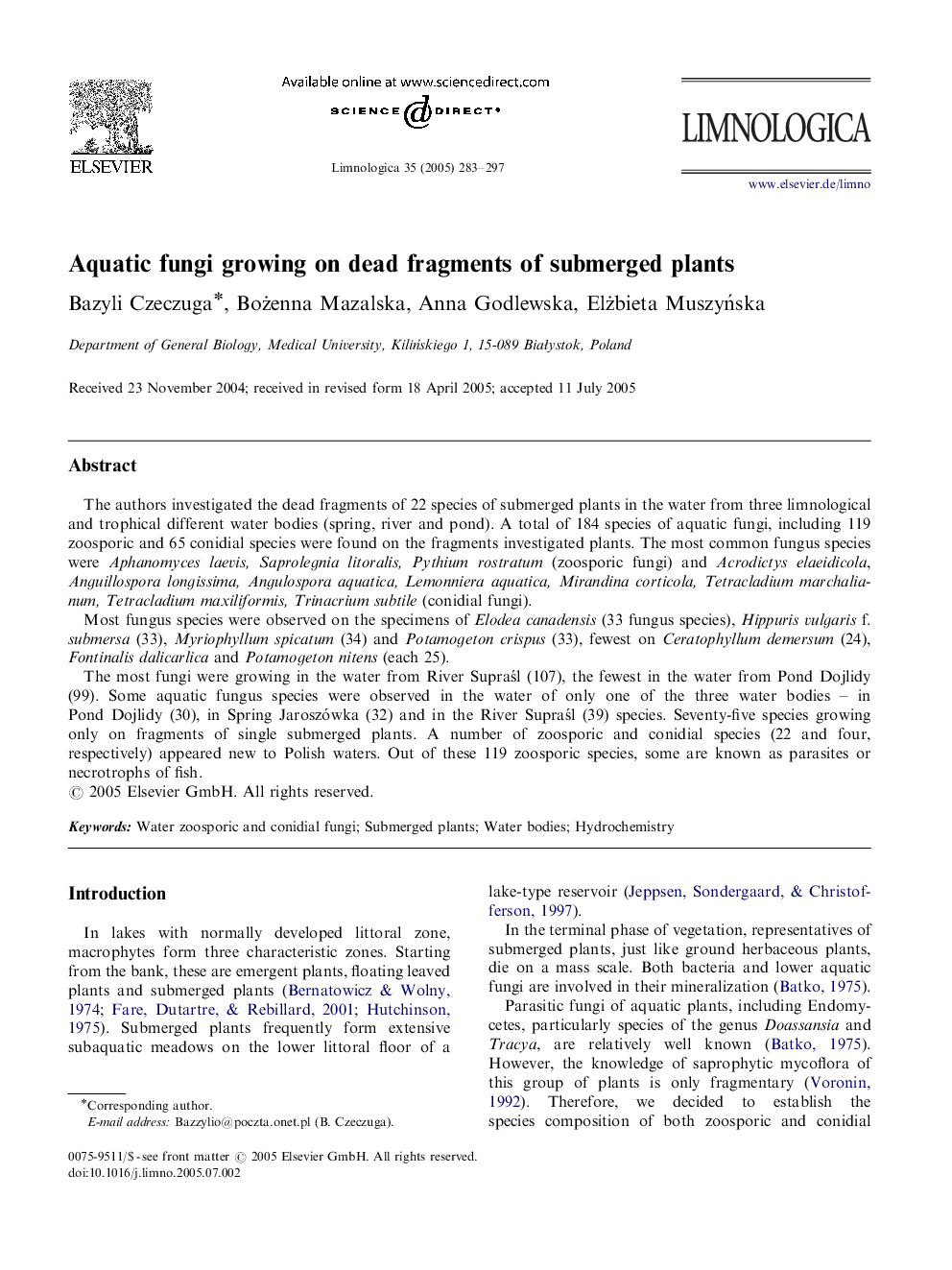 Aquatic fungi growing on dead fragments of submerged plants