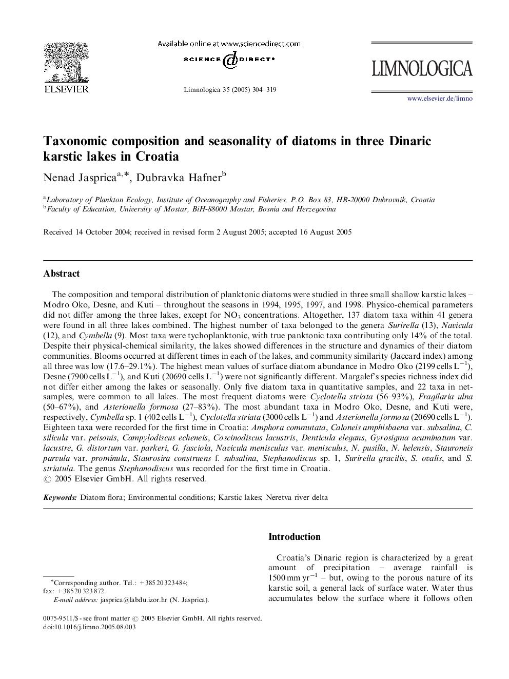 Taxonomic composition and seasonality of diatoms in three Dinaric karstic lakes in Croatia