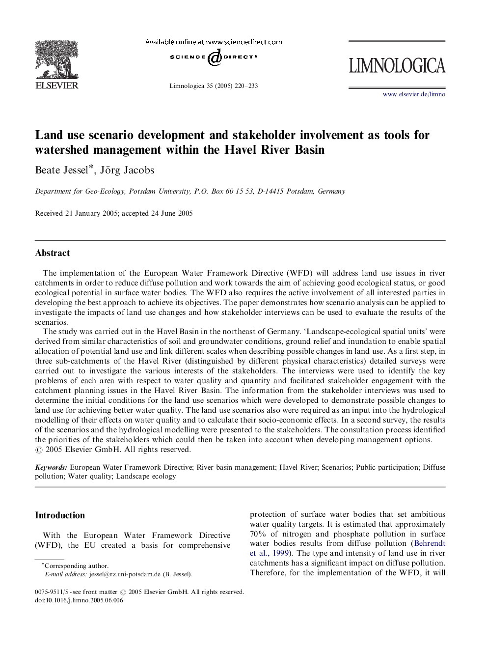 Land use scenario development and stakeholder involvement as tools for watershed management within the Havel River Basin