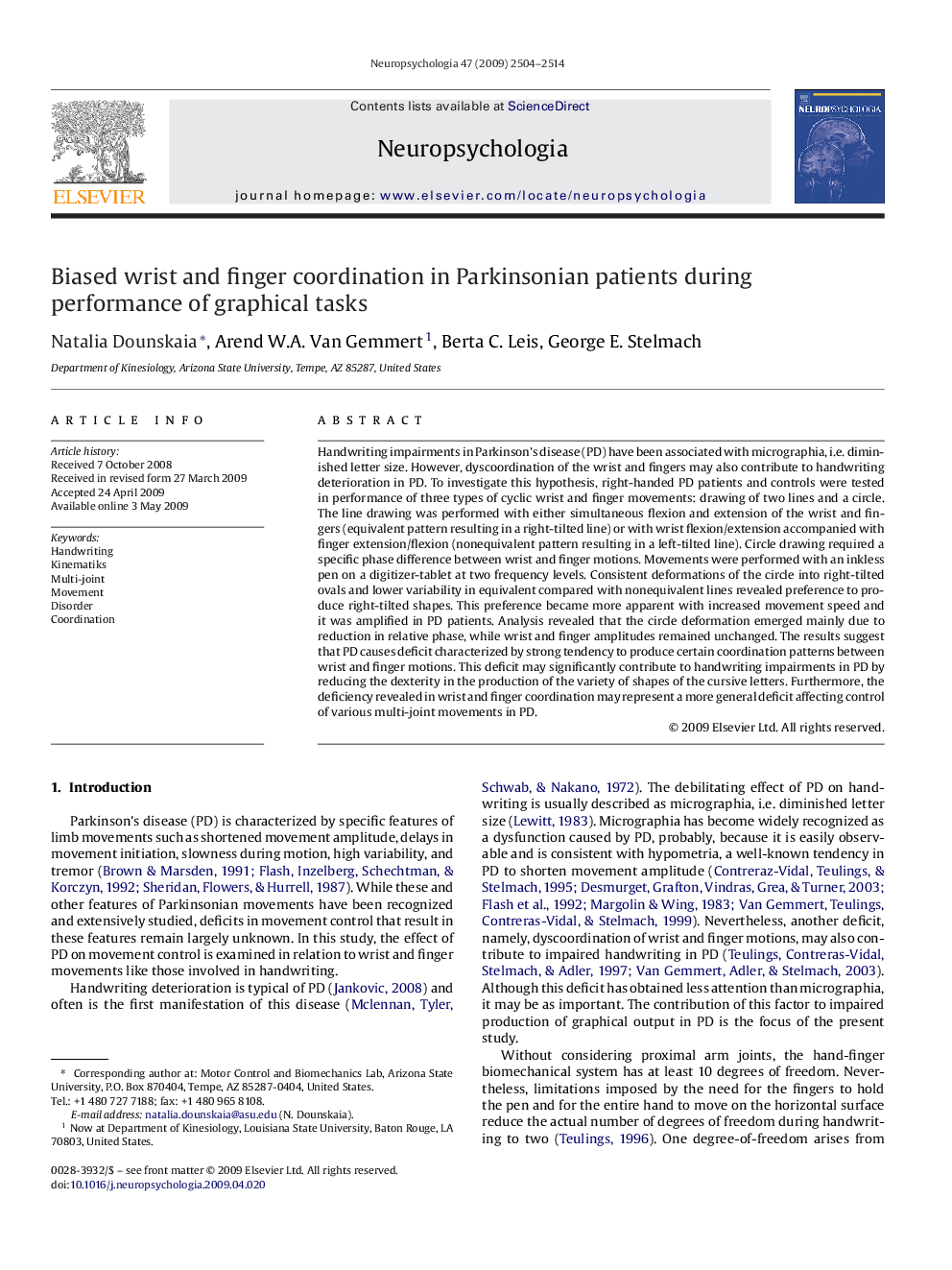 Biased wrist and finger coordination in Parkinsonian patients during performance of graphical tasks