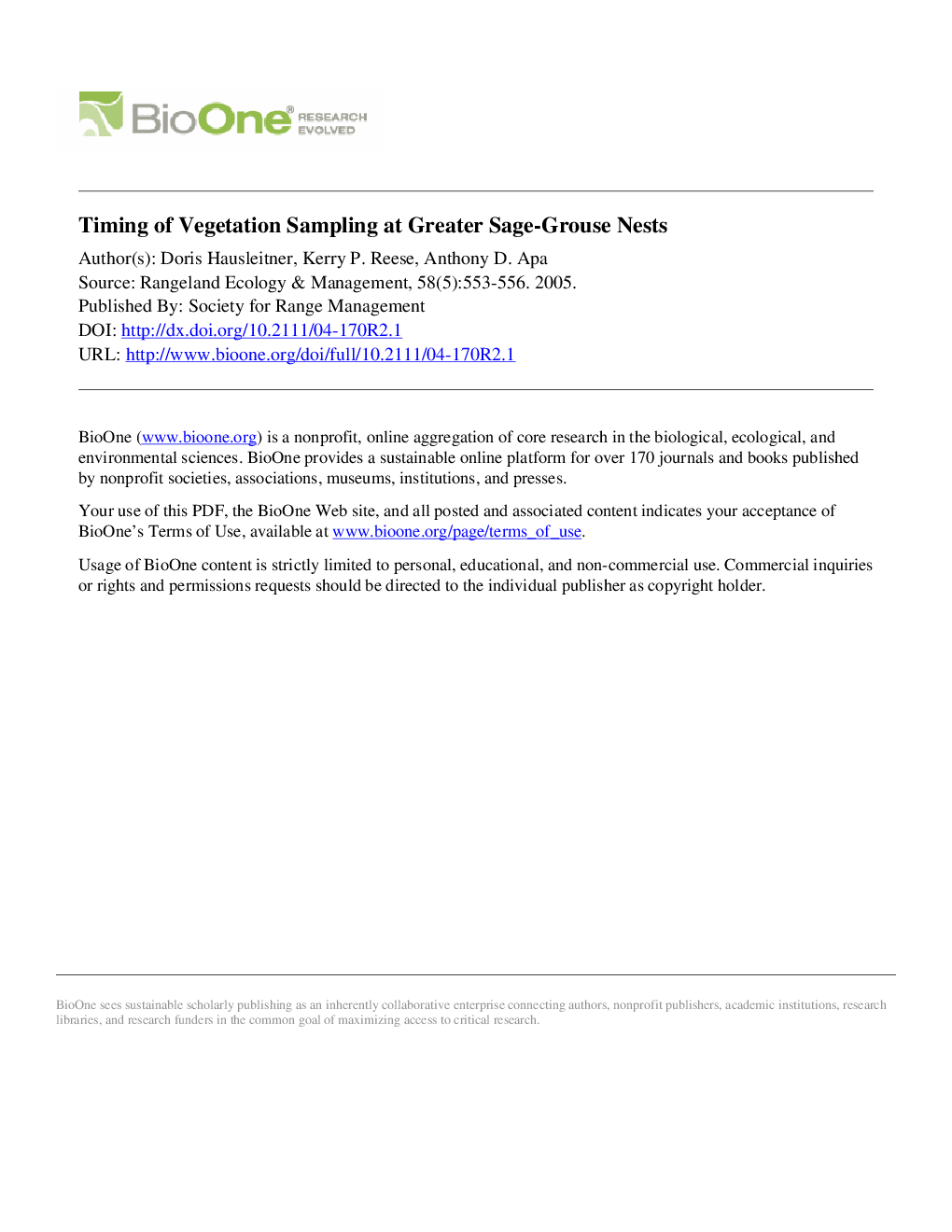 Timing of Vegetation Sampling at Greater Sage-Grouse Nests