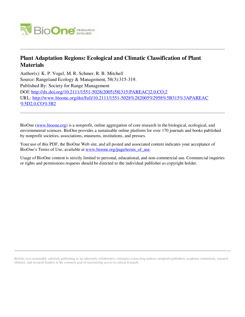 Plant Adaptation Regions: Ecological and Climatic Classification of Plant Materials