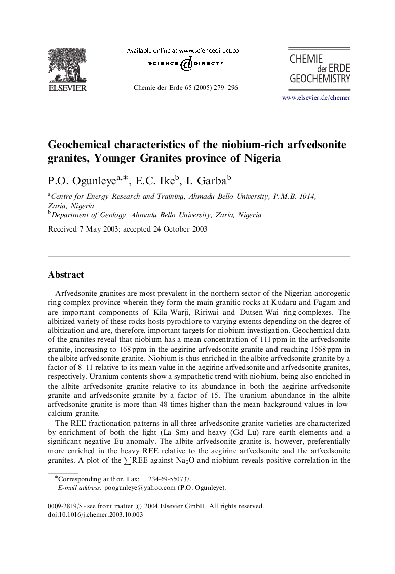 Geochemical characteristics of the niobium-rich arfvedsonite granites, Younger Granites province of Nigeria