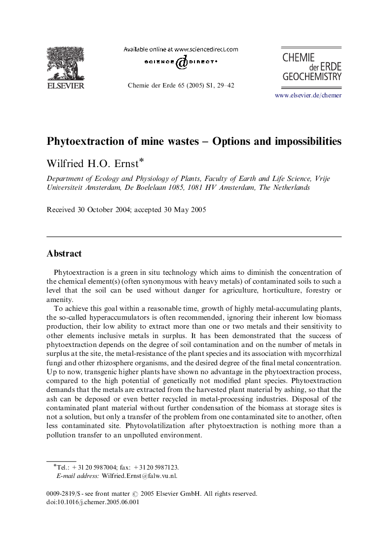 Phytoextraction of mine wastes - Options and impossibilities