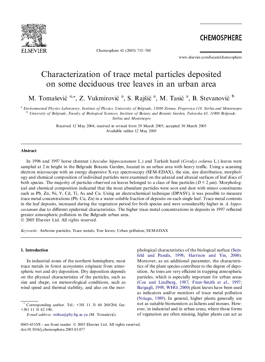 Characterization of trace metal particles deposited on some deciduous tree leaves in an urban area