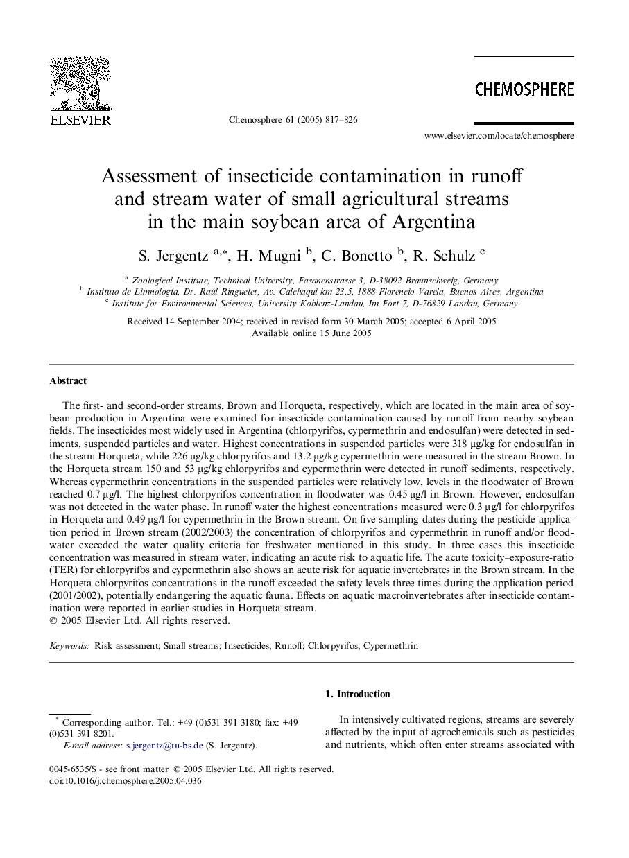 Assessment of insecticide contamination in runoff and stream water of small agricultural streams in the main soybean area of Argentina