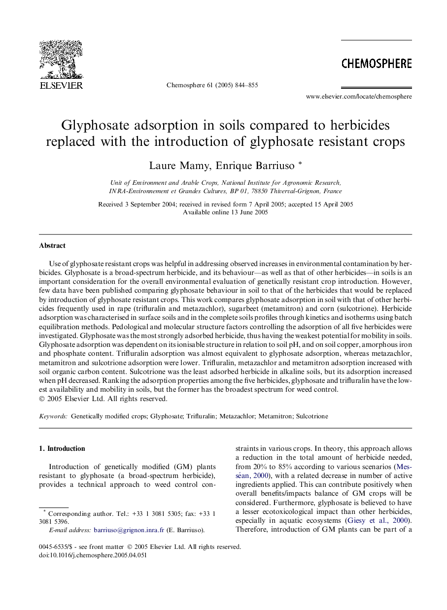 Glyphosate adsorption in soils compared to herbicides replaced with the introduction of glyphosate resistant crops