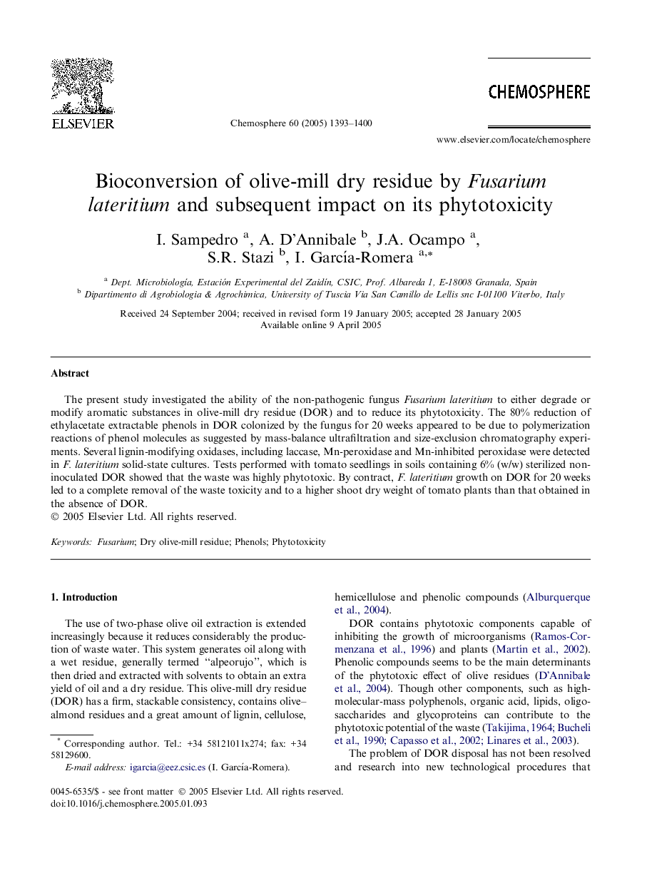 Bioconversion of olive-mill dry residue by Fusarium lateritium and subsequent impact on its phytotoxicity