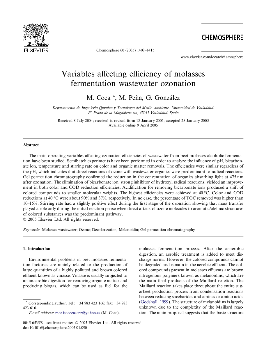 Variables affecting efficiency of molasses fermentation wastewater ozonation