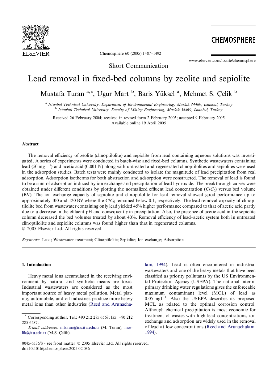 Lead removal in fixed-bed columns by zeolite and sepiolite