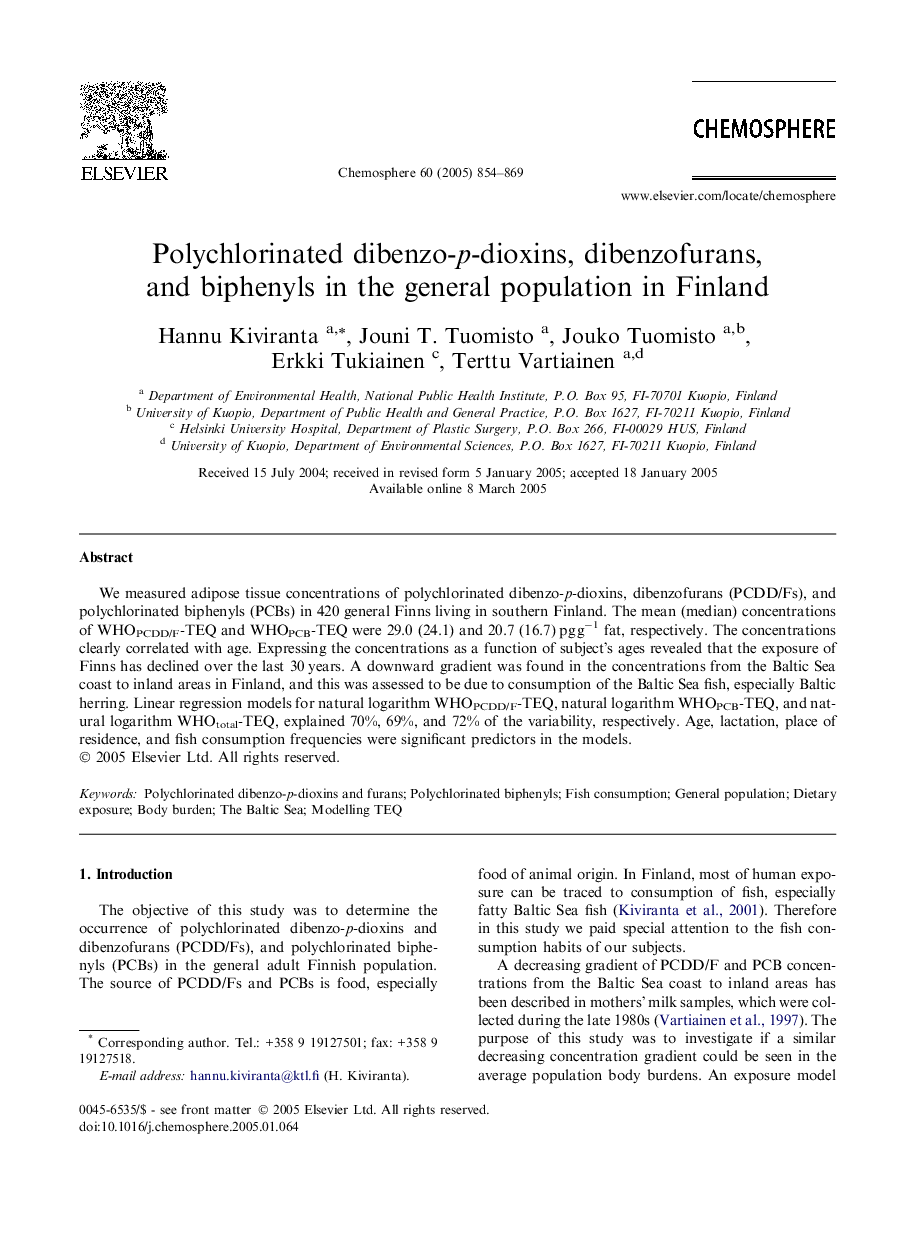 Polychlorinated dibenzo-p-dioxins, dibenzofurans, and biphenyls in the general population in Finland