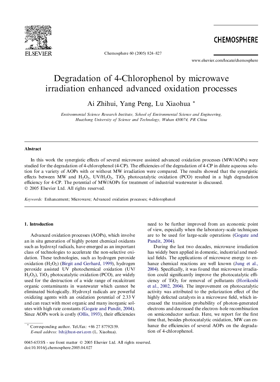 Degradation of 4-Chlorophenol by microwave irradiation enhanced advanced oxidation processes