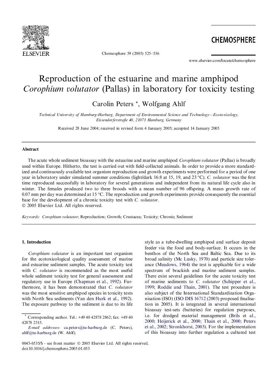 Reproduction of the estuarine and marine amphipod Corophium volutator (Pallas) in laboratory for toxicity testing