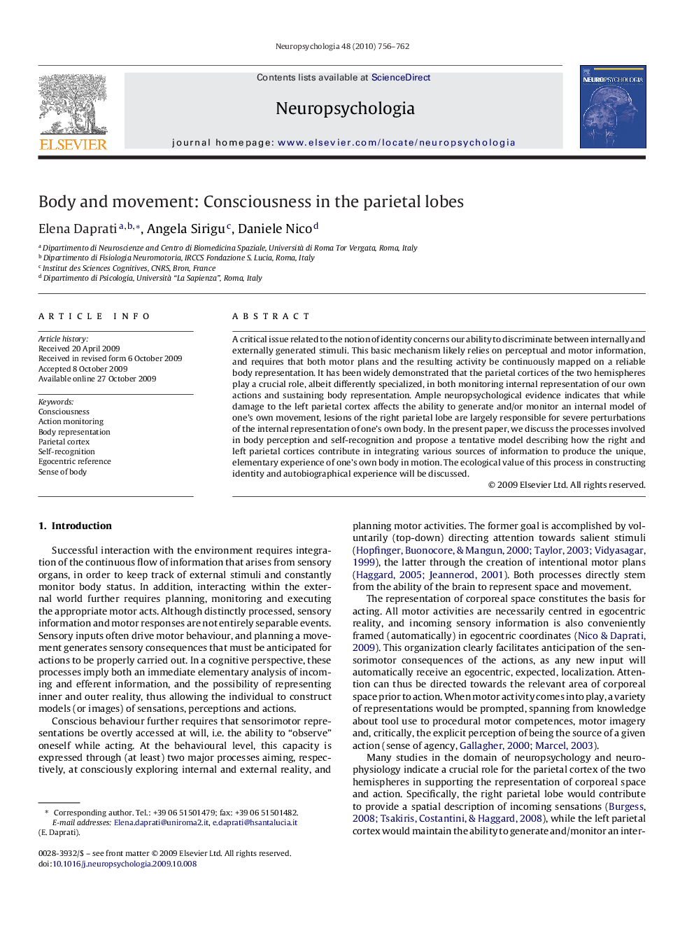 Body and movement: Consciousness in the parietal lobes