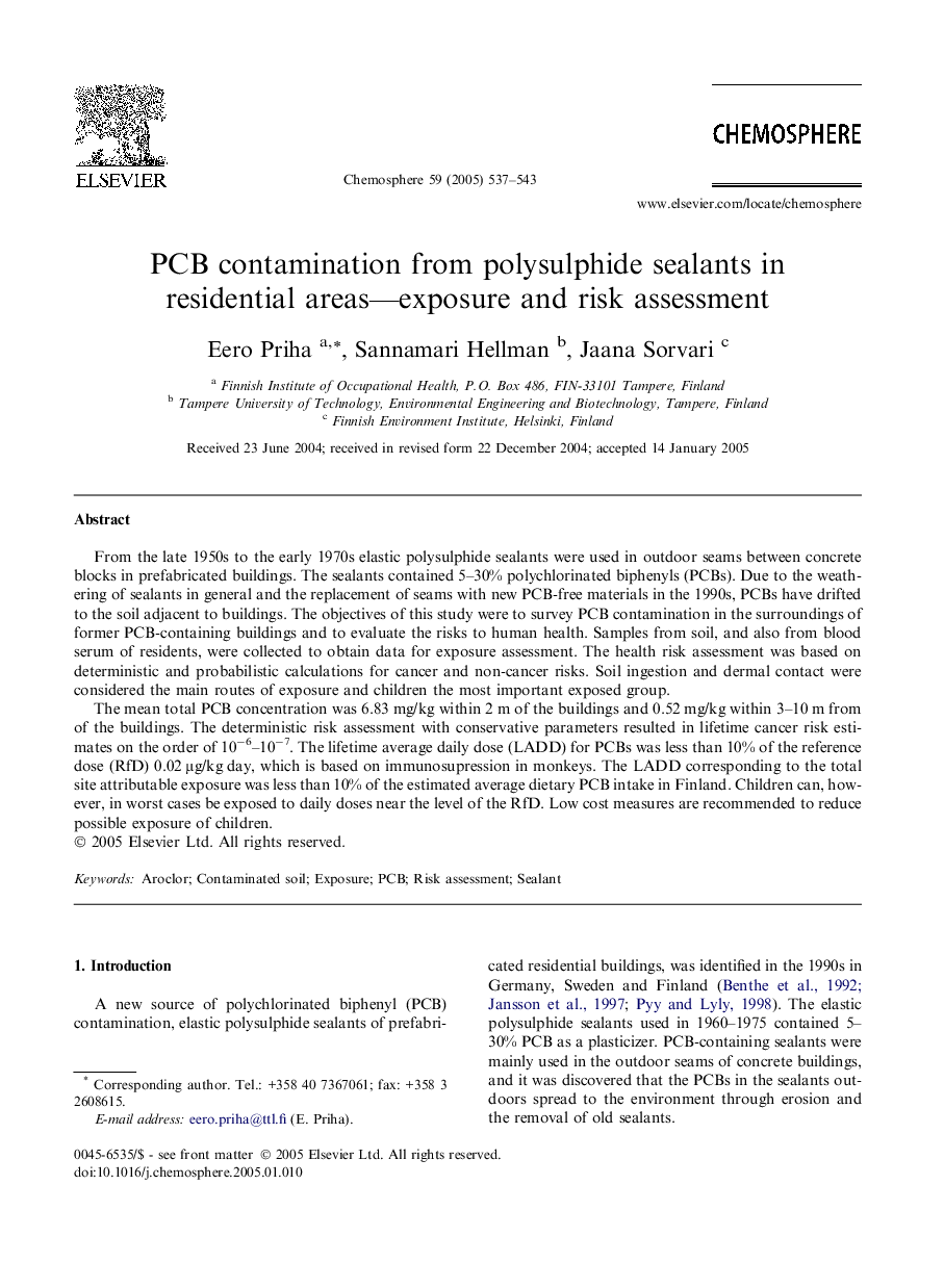 PCB contamination from polysulphide sealants in residential areas-exposure and risk assessment