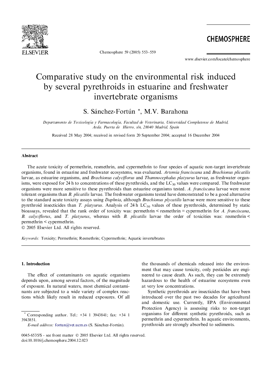 Comparative study on the environmental risk induced by several pyrethroids in estuarine and freshwater invertebrate organisms