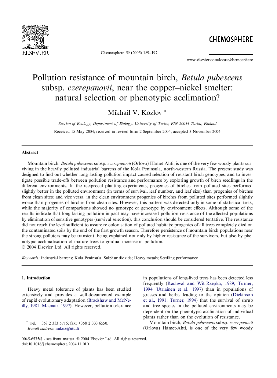 Pollution resistance of mountain birch, Betula pubescens subsp. czerepanovii, near the copper-nickel smelter: natural selection or phenotypic acclimation?