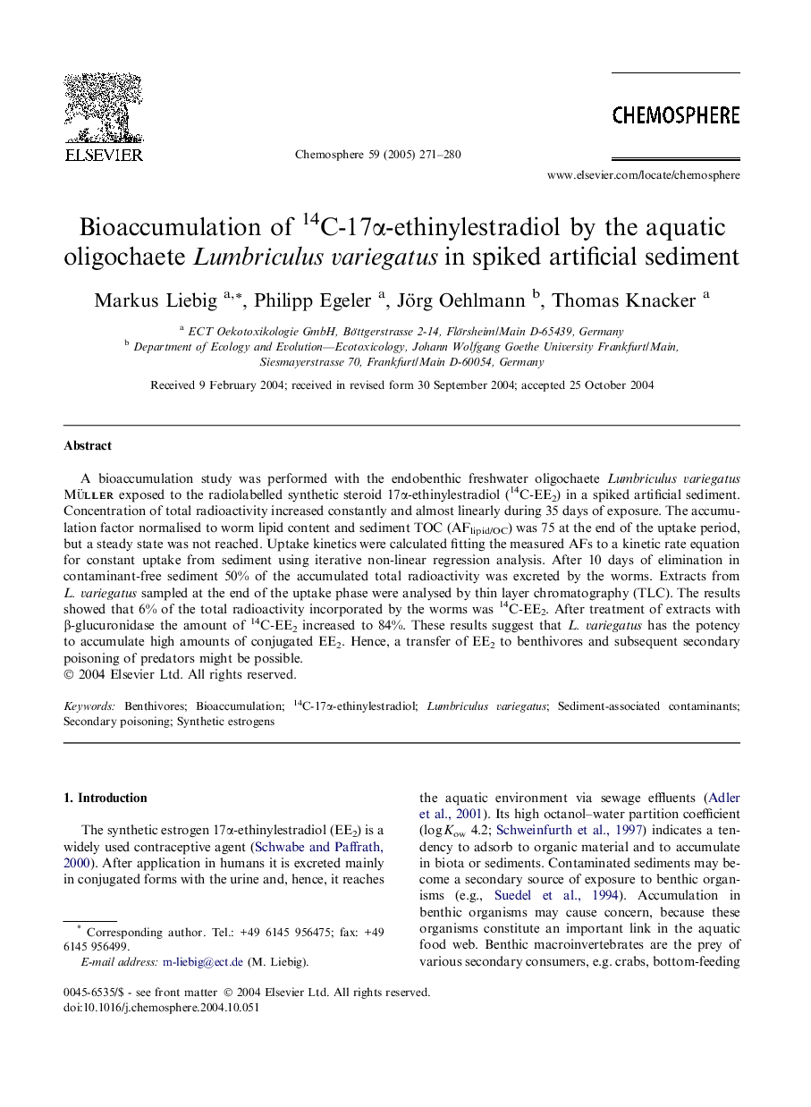 Bioaccumulation of 14C-17Î±-ethinylestradiol by the aquatic oligochaete Lumbriculus variegatus in spiked artificial sediment