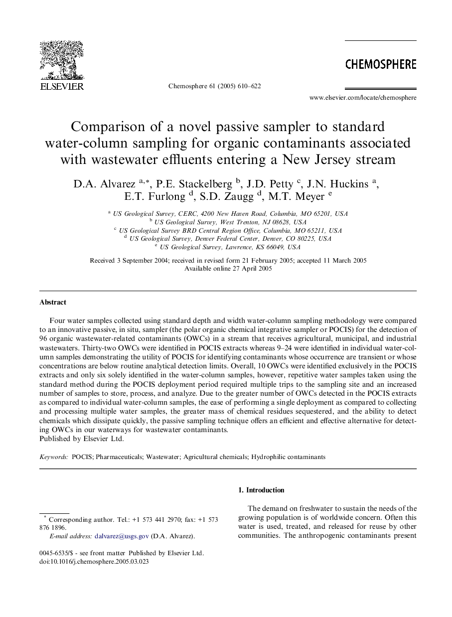 Comparison of a novel passive sampler to standard water-column sampling for organic contaminants associated with wastewater effluents entering a New Jersey stream