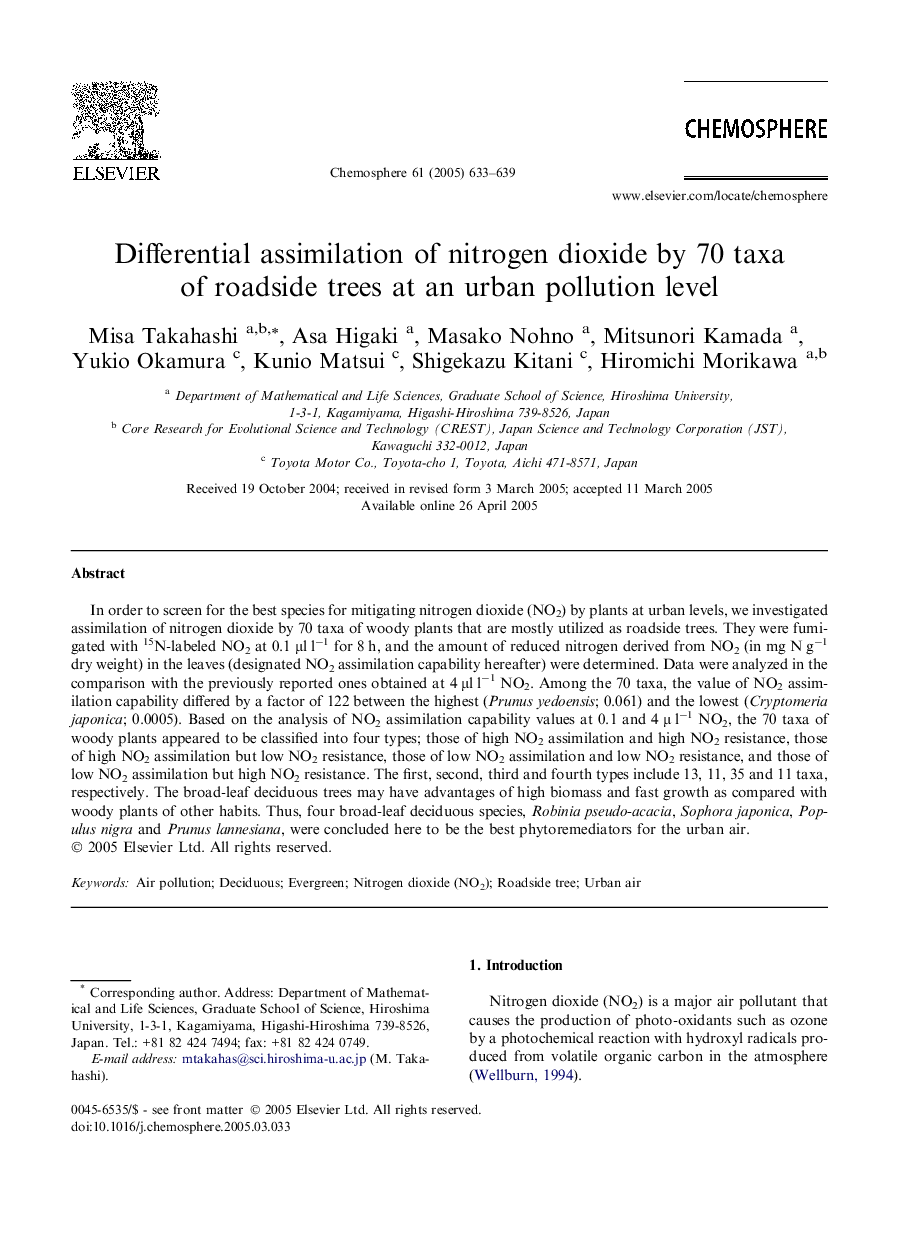 Differential assimilation of nitrogen dioxide by 70 taxa of roadside trees at an urban pollution level