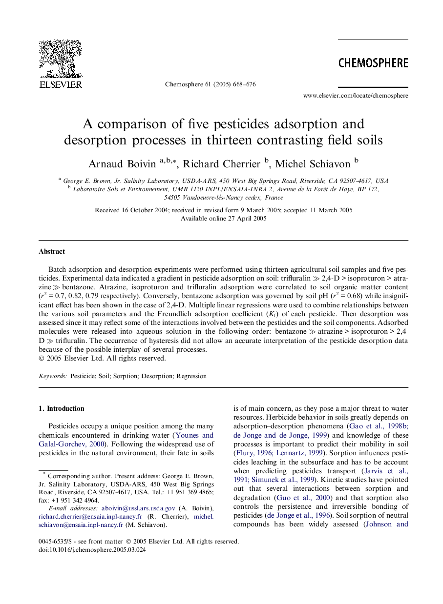 A comparison of five pesticides adsorption and desorption processes in thirteen contrasting field soils