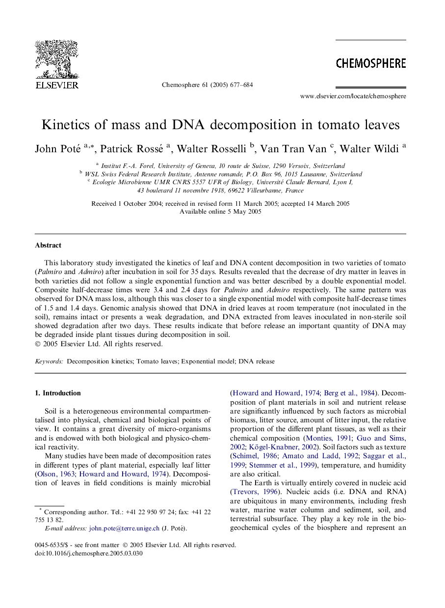 Kinetics of mass and DNA decomposition in tomato leaves