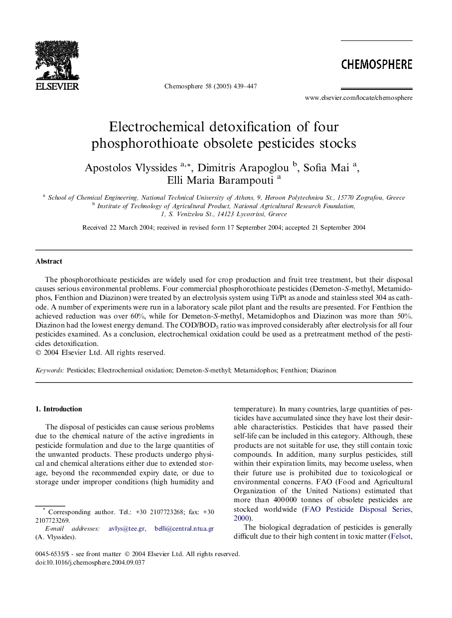 Electrochemical detoxification of four phosphorothioate obsolete pesticides stocks