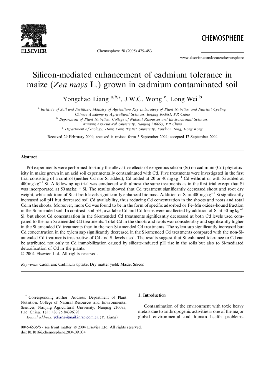 Silicon-mediated enhancement of cadmium tolerance in maize (Zea mays L.) grown in cadmium contaminated soil