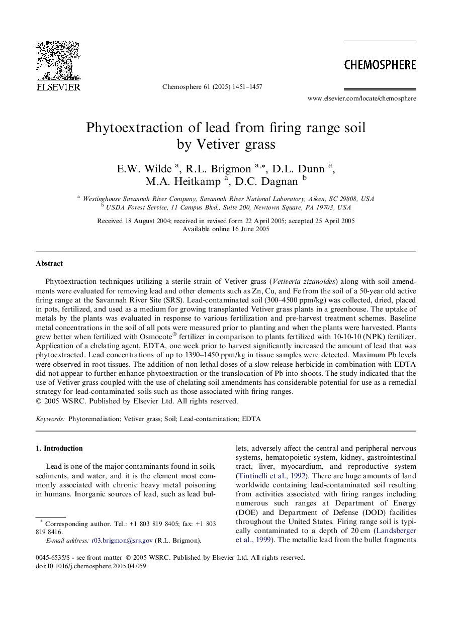 Phytoextraction of lead from firing range soil by Vetiver grass