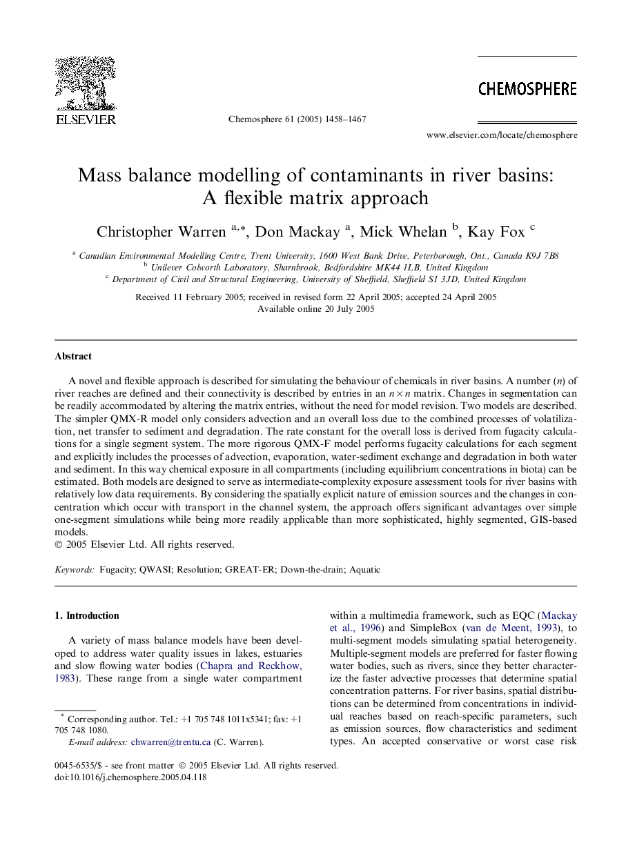 Mass balance modelling of contaminants in river basins: A flexible matrix approach