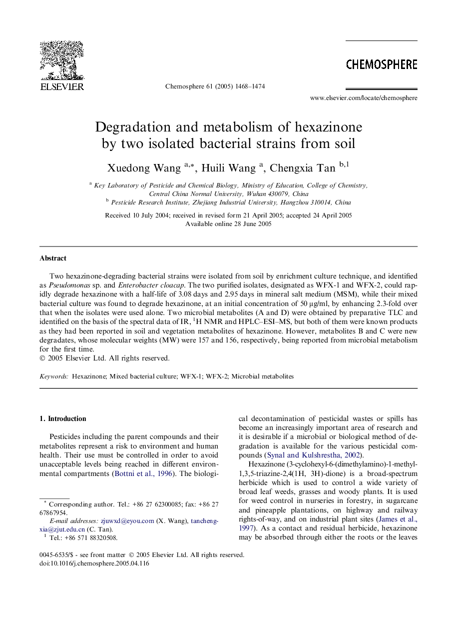 Degradation and metabolism of hexazinone by two isolated bacterial strains from soil