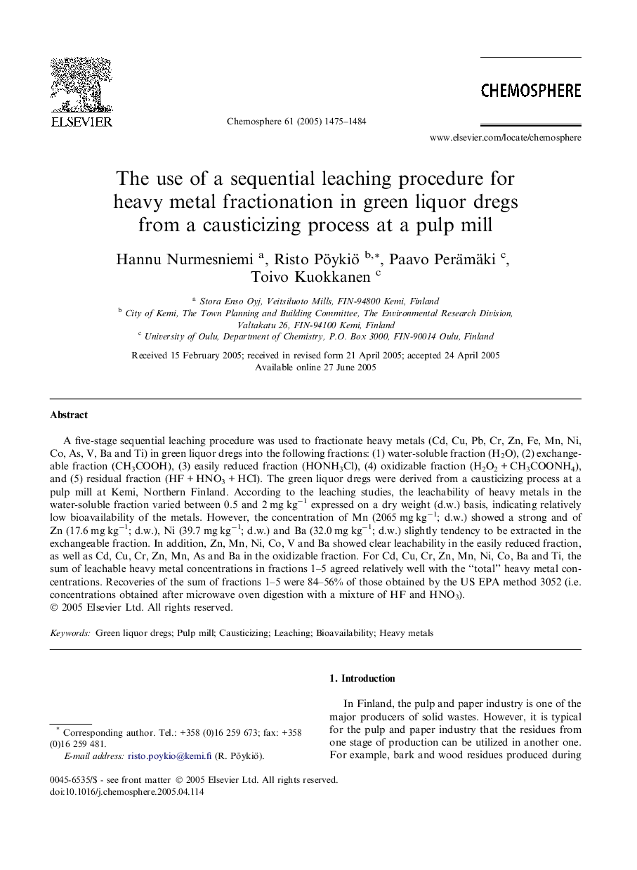 The use of a sequential leaching procedure for heavy metal fractionation in green liquor dregs from a causticizing process at a pulp mill