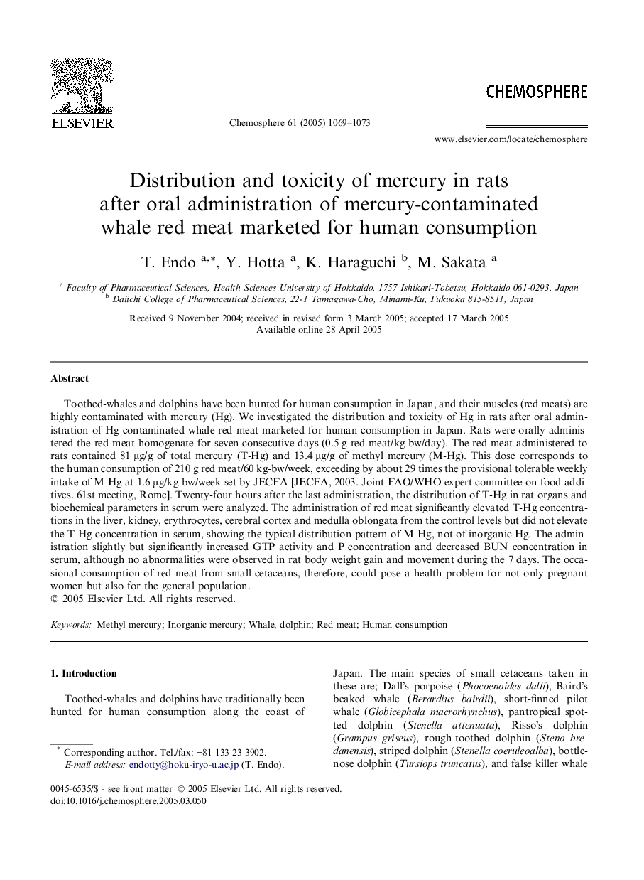 Distribution and toxicity of mercury in rats after oral administration of mercury-contaminated whale red meat marketed for human consumption