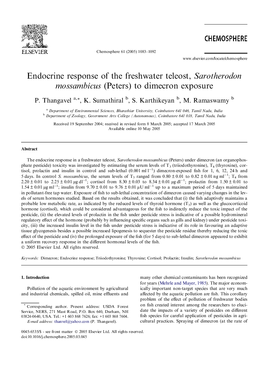 Endocrine response of the freshwater teleost, Sarotherodon mossambicus (Peters) to dimecron exposure