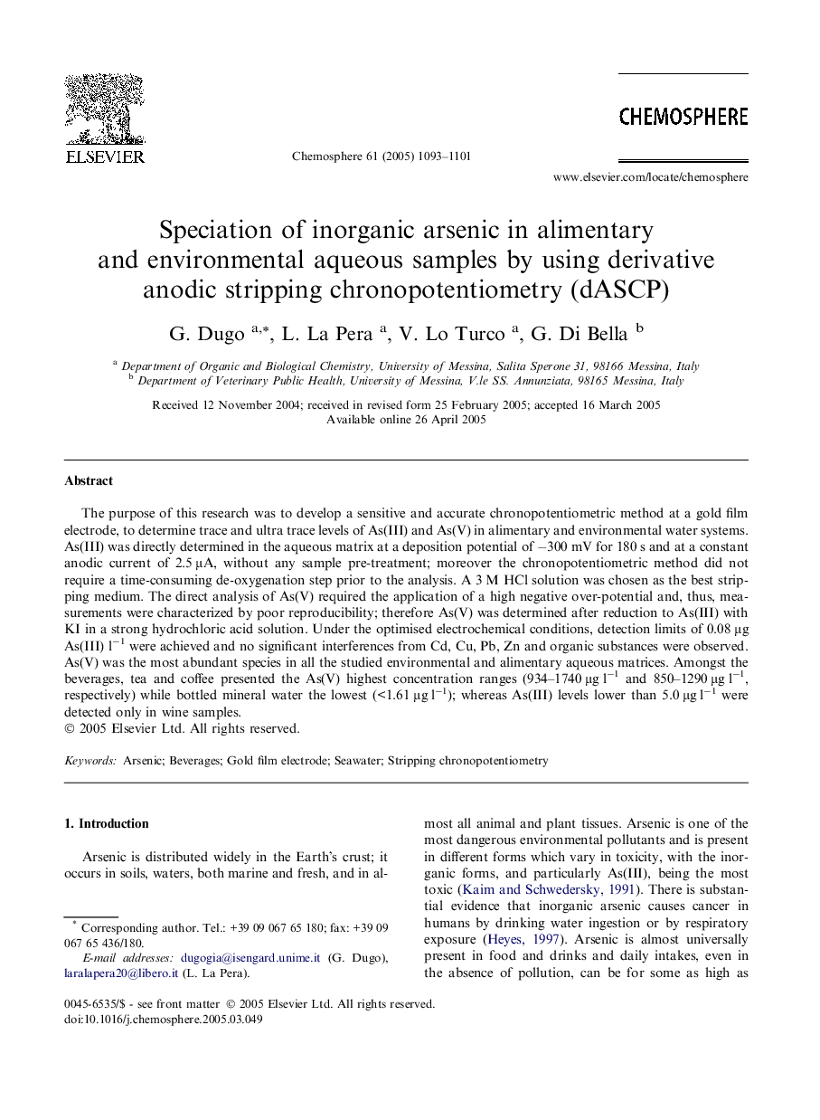 Speciation of inorganic arsenic in alimentary and environmental aqueous samples by using derivative anodic stripping chronopotentiometry (dASCP)